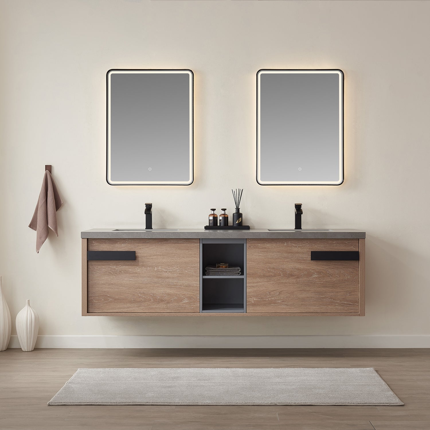 Carcastillo 72" Double Sink Bath Vanity in North American Oak with Grey Sintered Stone Top