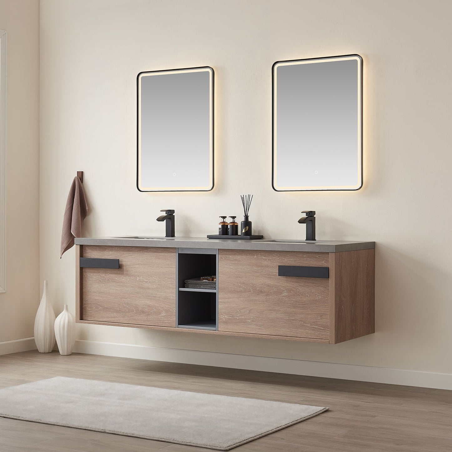 Carcastillo 72" Double Sink Bath Vanity in North American Oak with Grey Sintered Stone Top