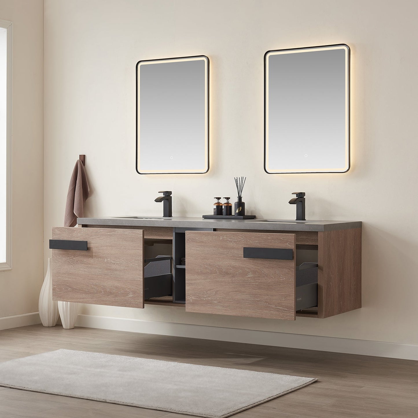 Carcastillo 72" Double Sink Bath Vanity in North American Oak with Grey Sintered Stone Top