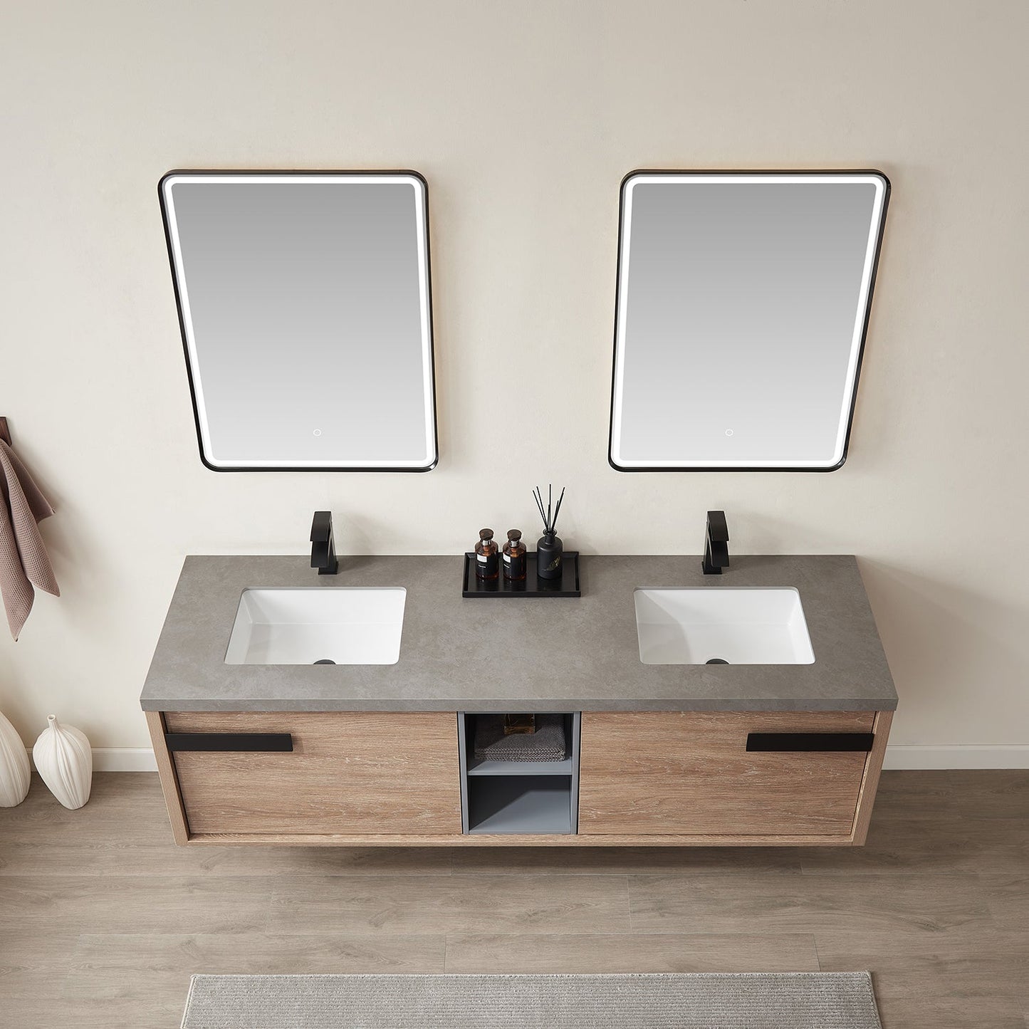 Carcastillo 72" Double Sink Bath Vanity in North American Oak with Grey Sintered Stone Top