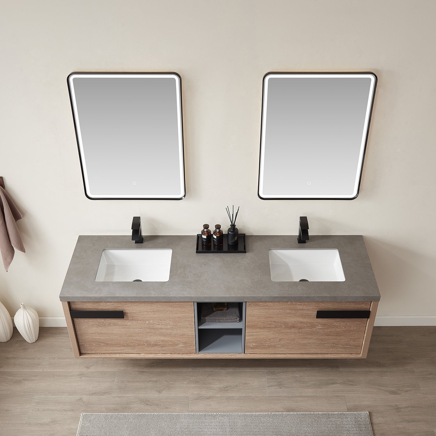 Carcastillo 72" Double Sink Bath Vanity in North American Oak with Grey Sintered Stone Top