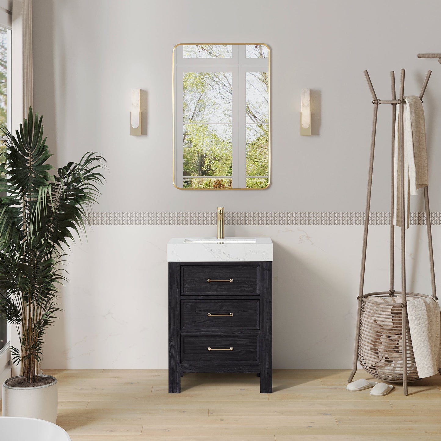 León 24in. Free-standing Single Bathroom Vanity in Fir Wood Black with Composite top in Lightning White