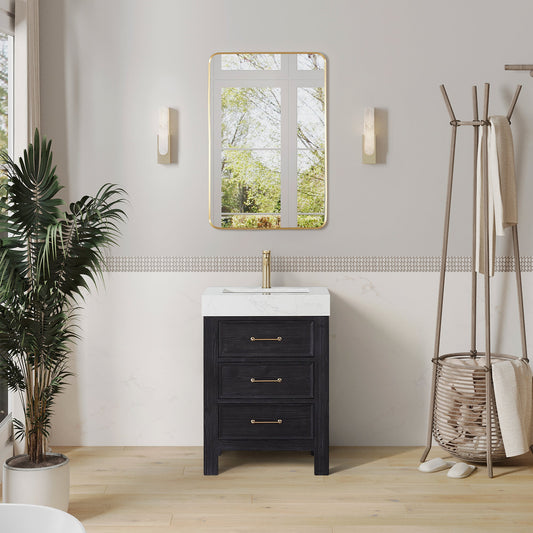 León 24in. Free-standing Single Bathroom Vanity in Fir Wood Black with Composite top in Lightning White