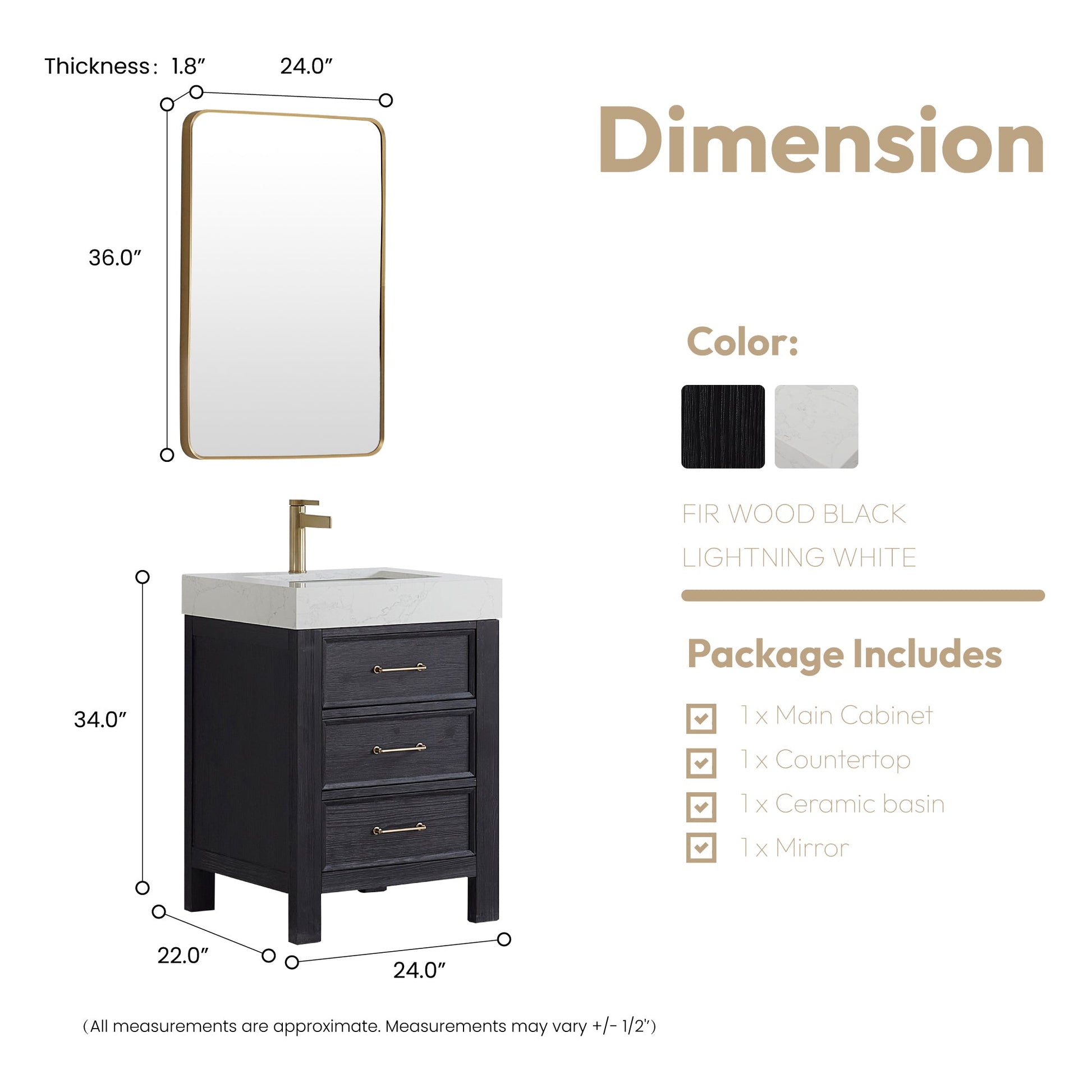 León 24in. Free-standing Single Bathroom Vanity in Fir Wood Black with Composite top in Lightning White