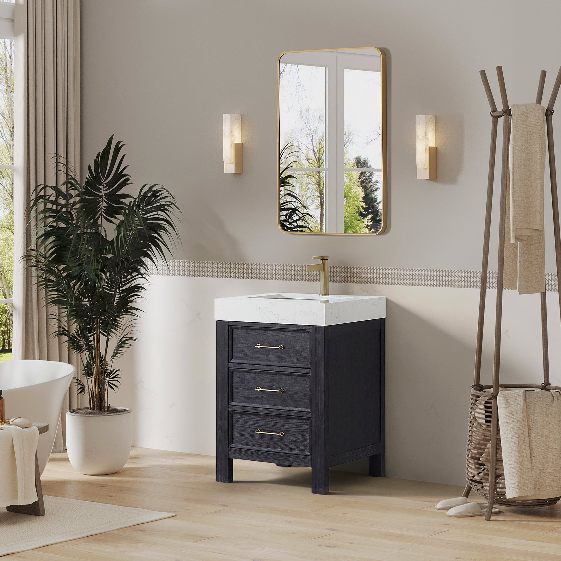 León 24in. Free-standing Single Bathroom Vanity in Fir Wood Black with Composite top in Lightning White