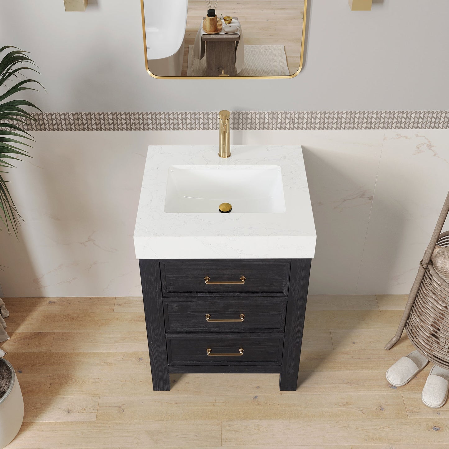 León 24in. Free-standing Single Bathroom Vanity in Fir Wood Black with Composite top in Lightning White