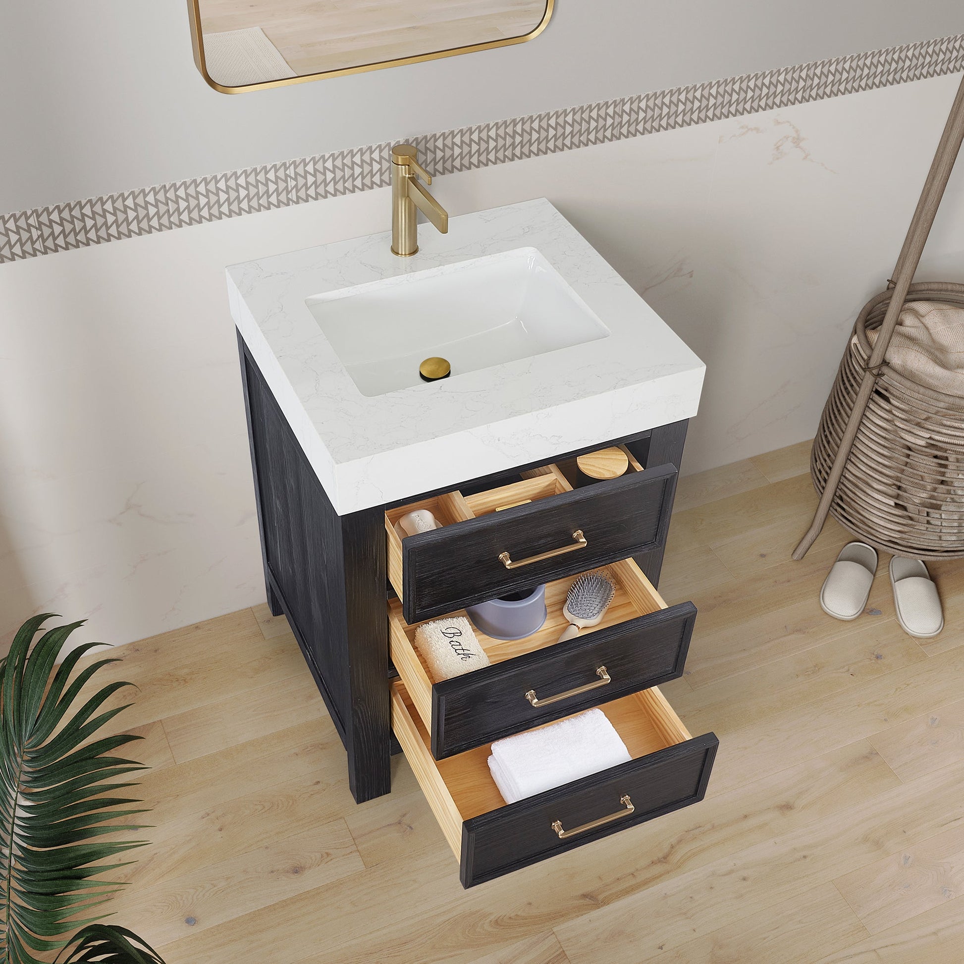 León 24in. Free-standing Single Bathroom Vanity in Fir Wood Black with Composite top in Lightning White