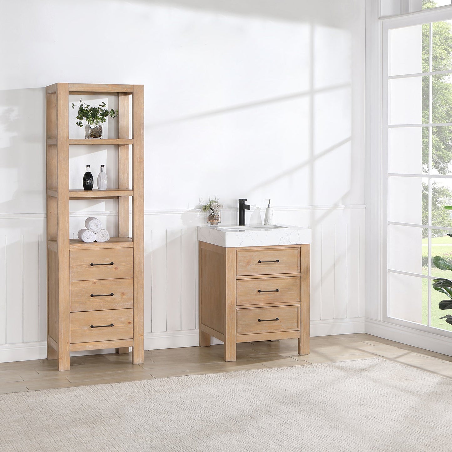 León 24in. Free-standing Single Bathroom Vanity in Fir Wood Brown with Composite top in Lightning White