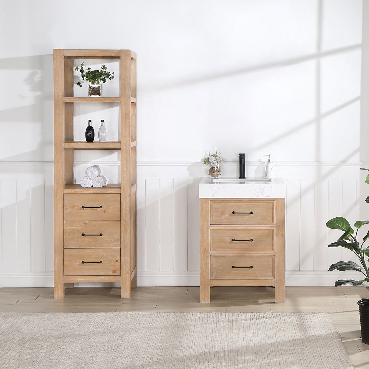 León 24in. Free-standing Single Bathroom Vanity in Fir Wood Brown with Composite top in Lightning White