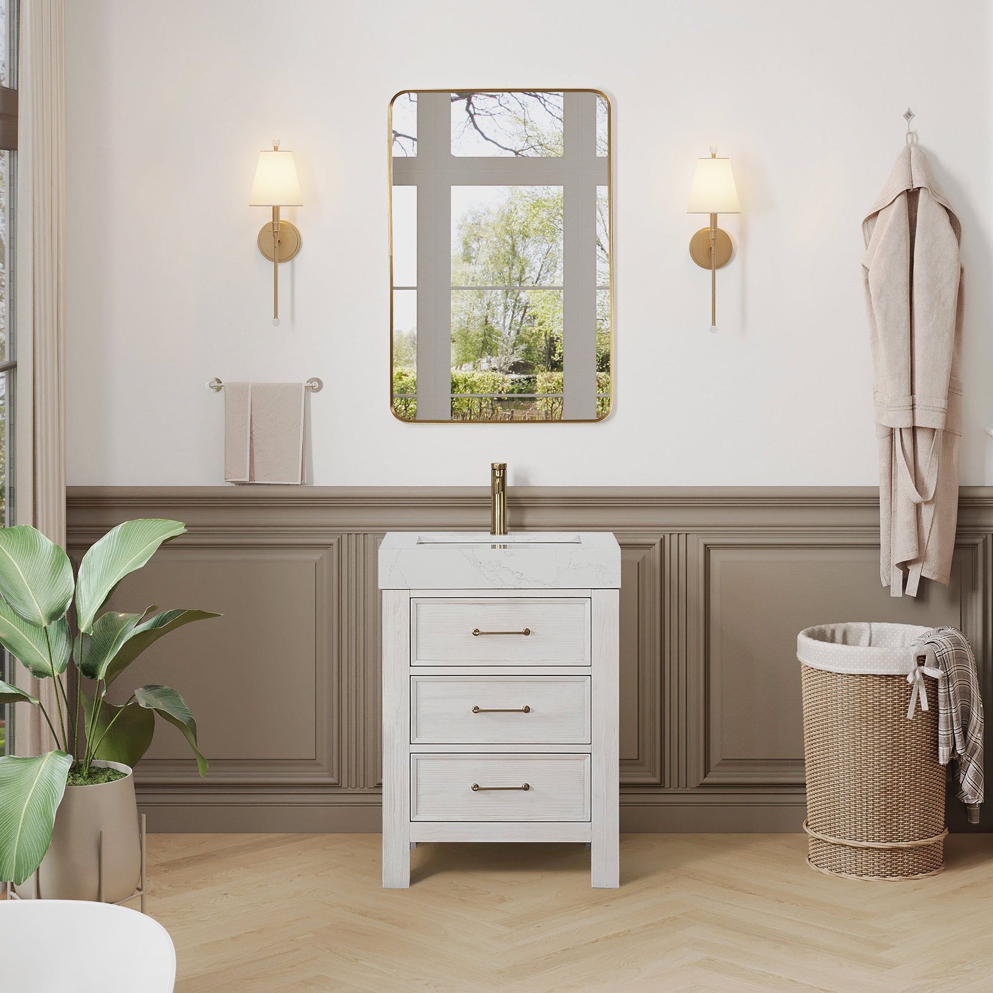 León 24in. Free-standing Single Bathroom Vanity in Washed White with Composite top in Lightning White