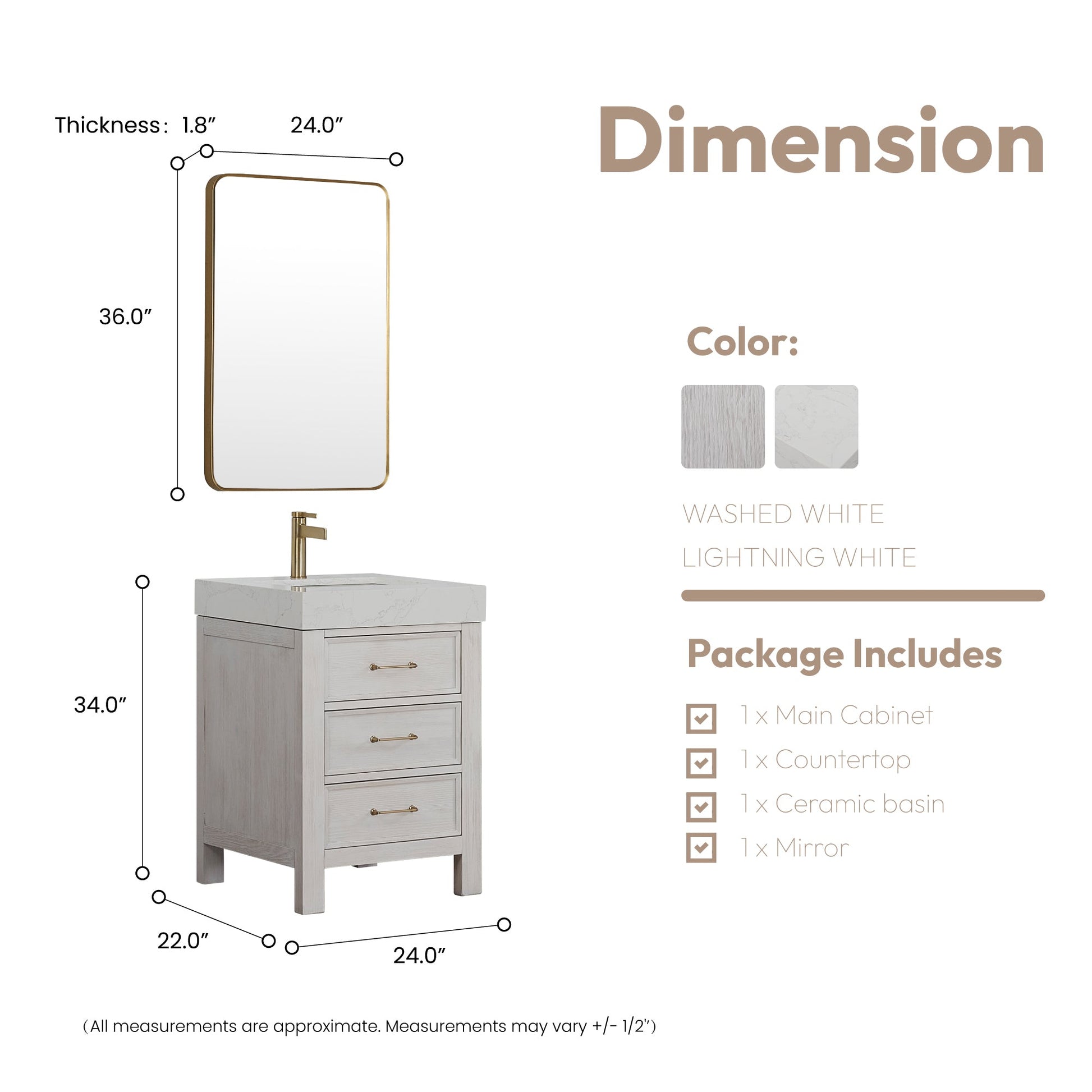 León 24in. Free-standing Single Bathroom Vanity in Washed White with Composite top in Lightning White