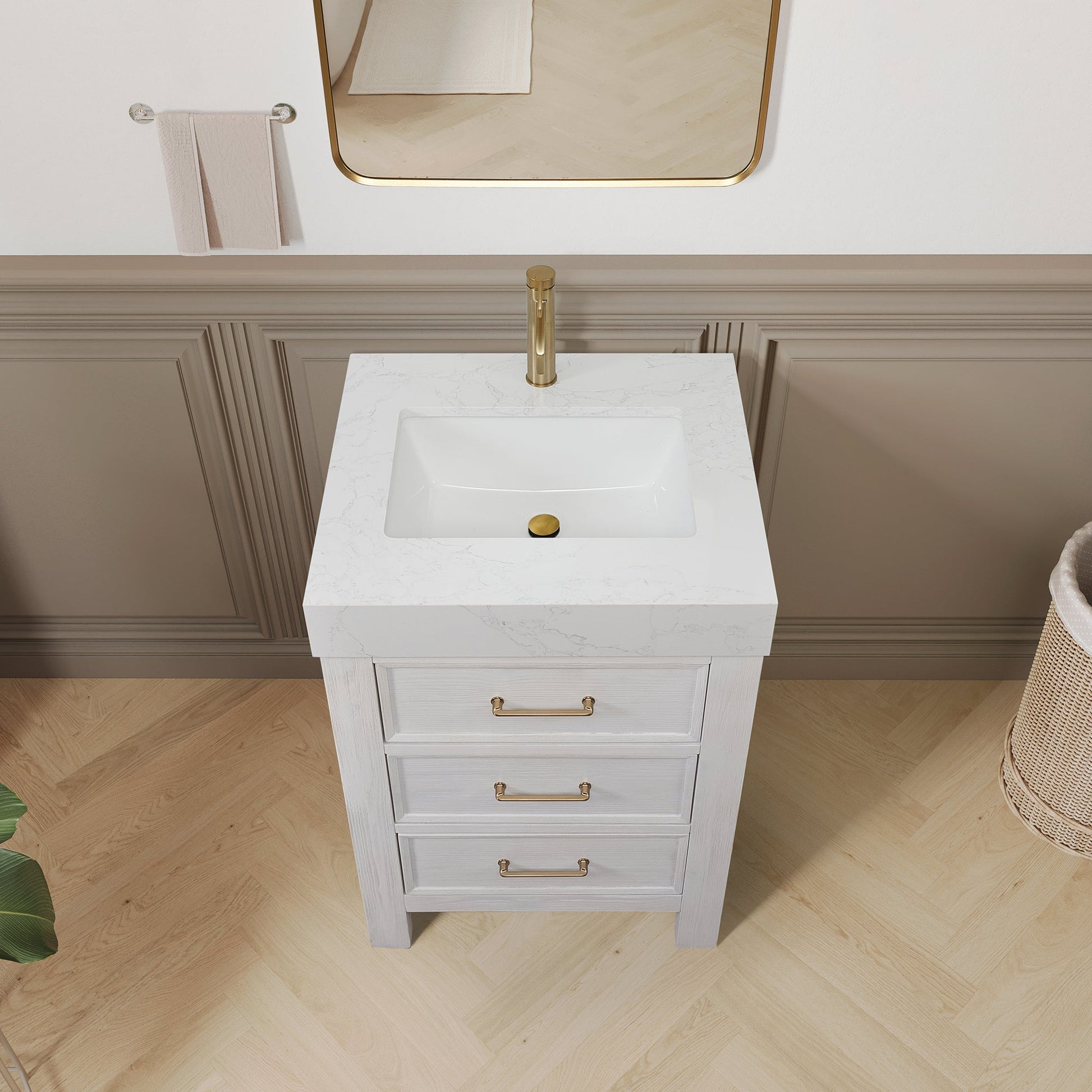 León 24in. Free-standing Single Bathroom Vanity in Washed White with Composite top in Lightning White