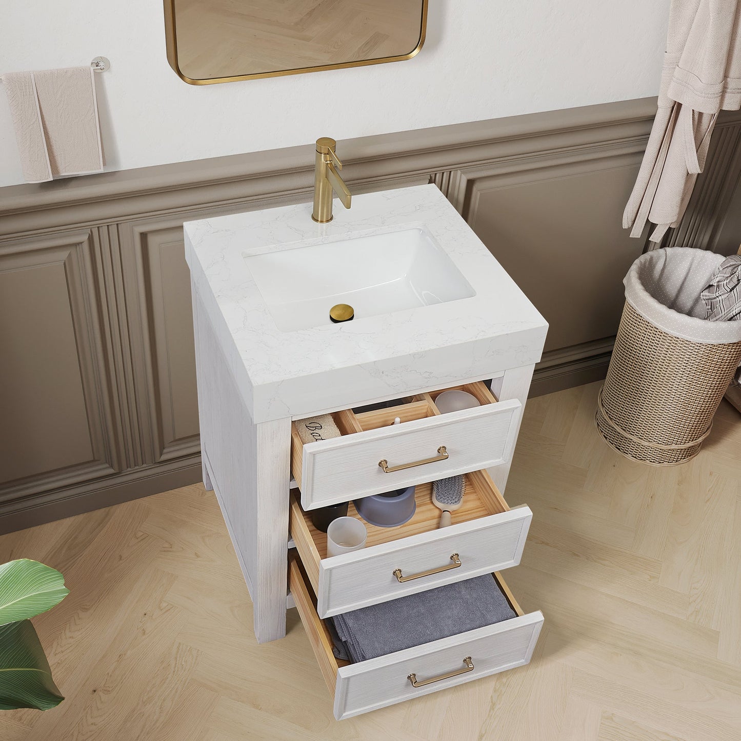 León 24in. Free-standing Single Bathroom Vanity in Washed White with Composite top in Lightning White