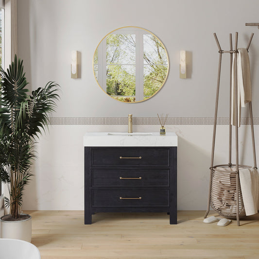 León 36in. Free-standing Single Bathroom Vanity in Fir Wood Black with Composite top in Lightning White