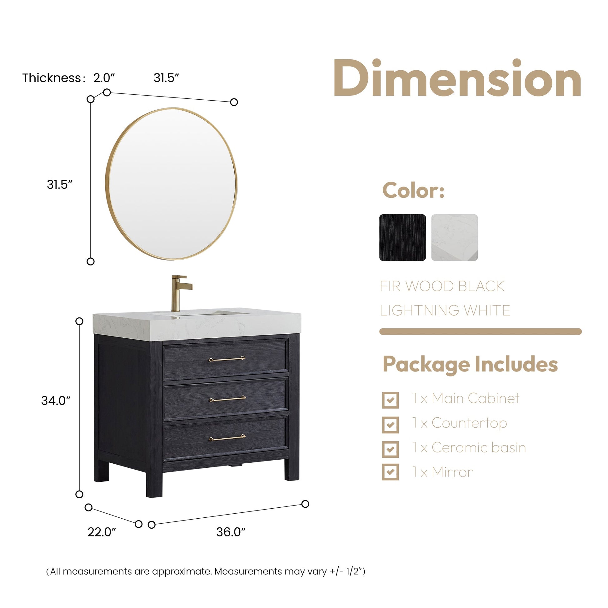 León 36in. Free-standing Single Bathroom Vanity in Fir Wood Black with Composite top in Lightning White