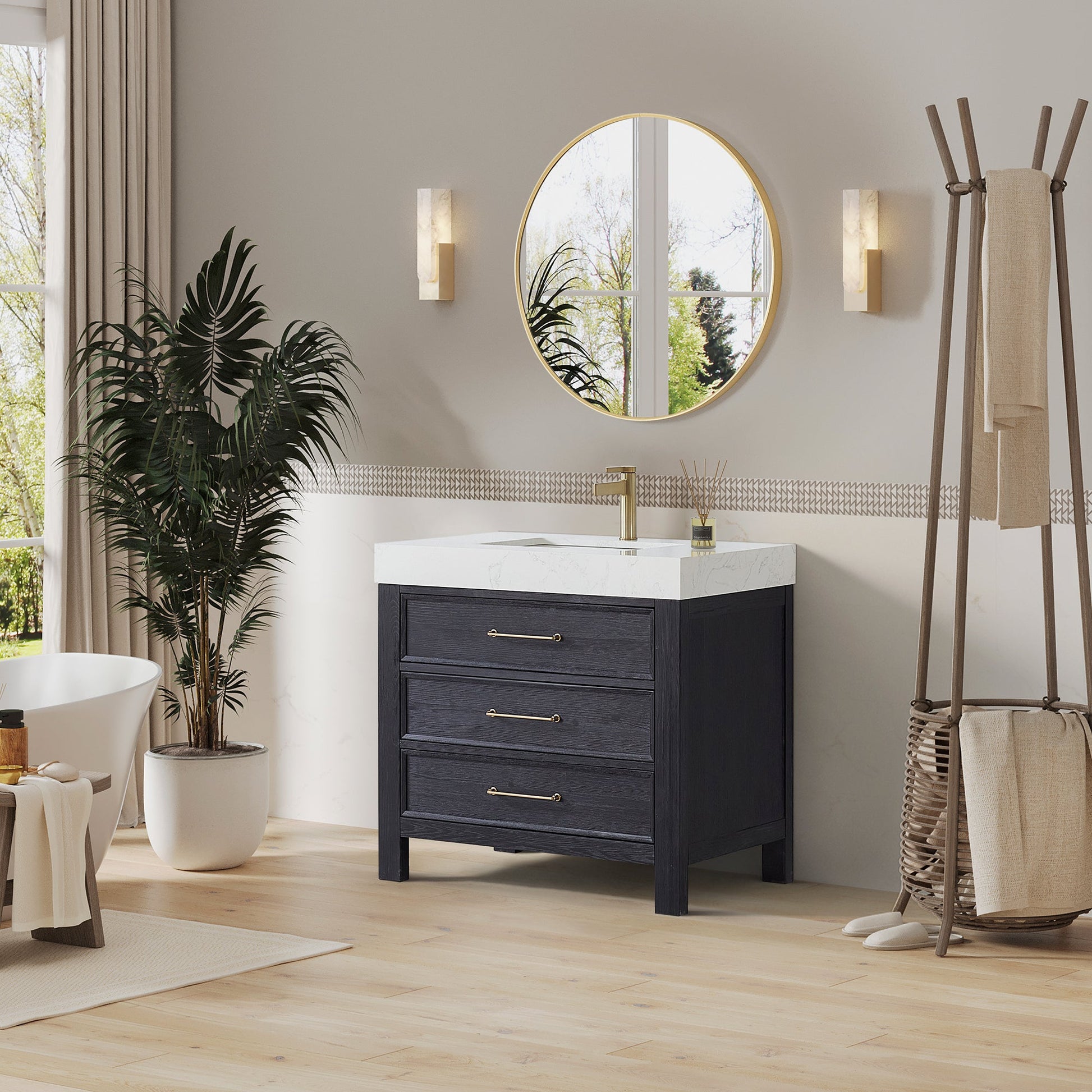 León 36in. Free-standing Single Bathroom Vanity in Fir Wood Black with Composite top in Lightning White