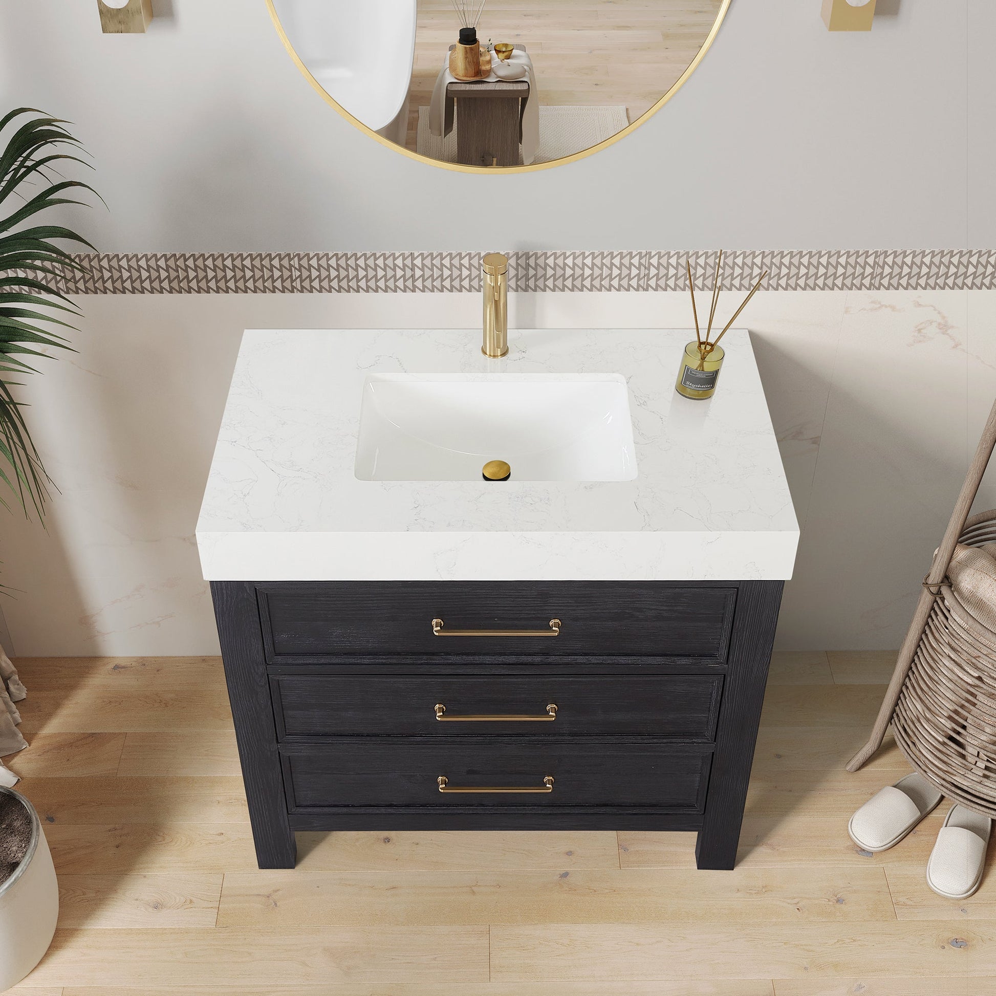 León 36in. Free-standing Single Bathroom Vanity in Fir Wood Black with Composite top in Lightning White