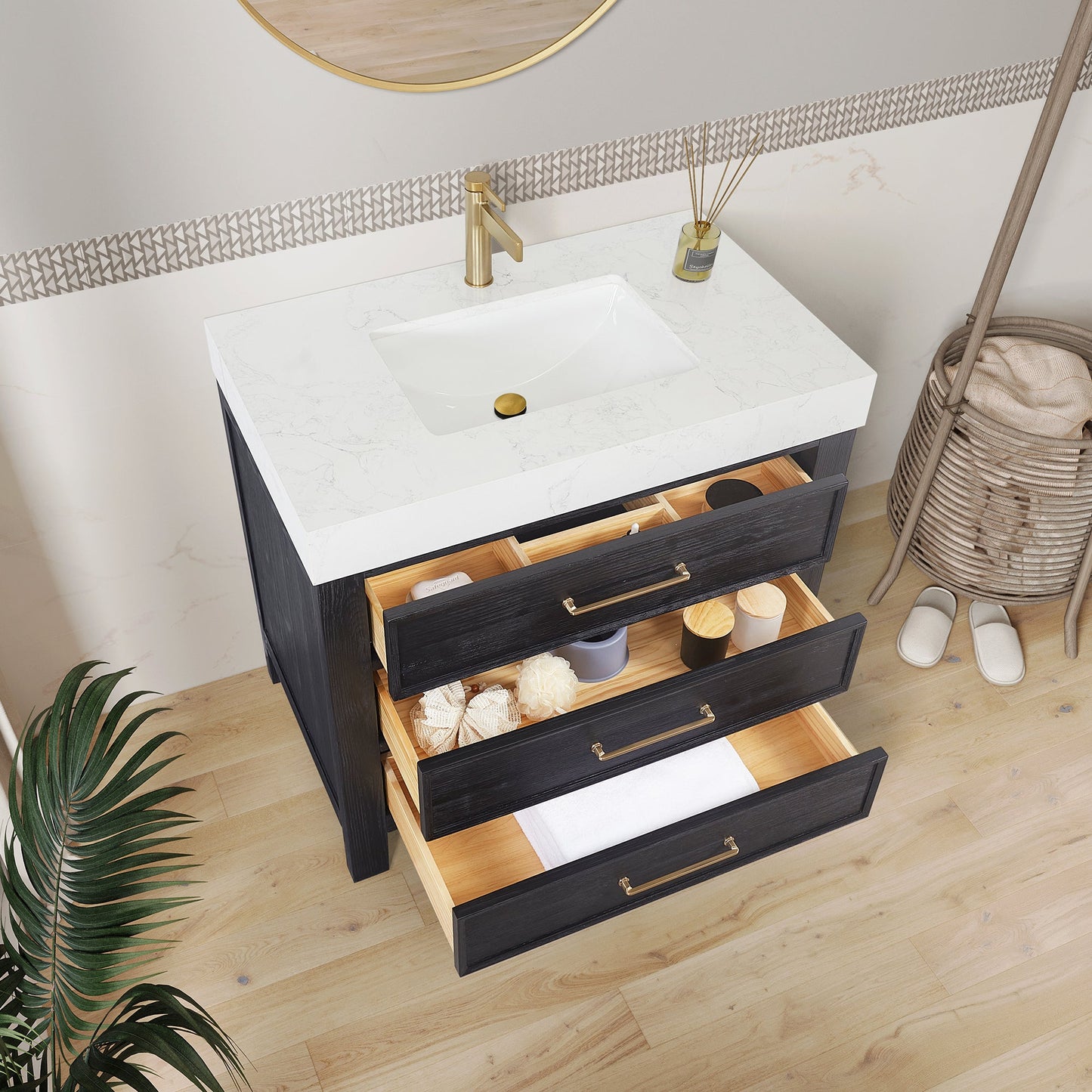 León 36in. Free-standing Single Bathroom Vanity in Fir Wood Black with Composite top in Lightning White