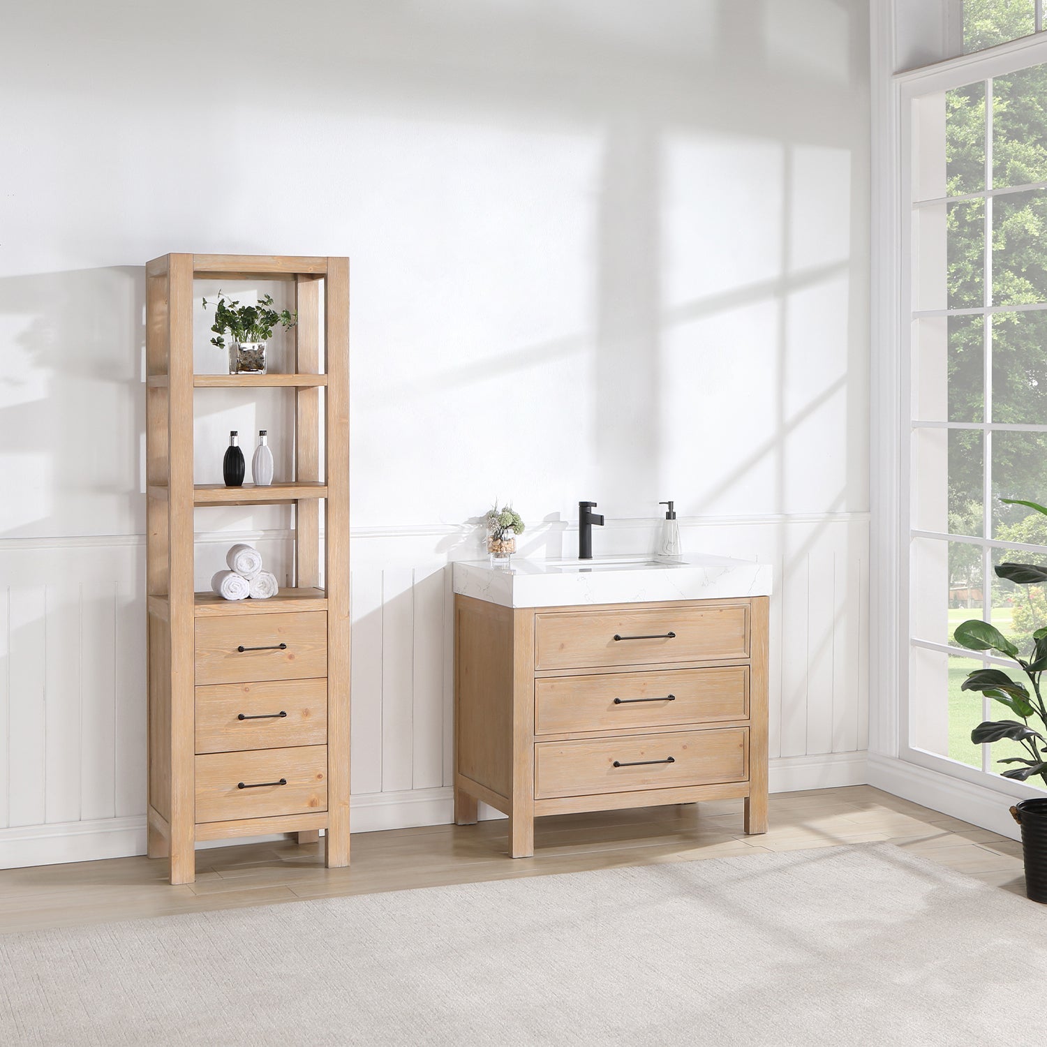 León 36in. Free-standing Single Bathroom Vanity in Fir Wood Brown with Composite top in Lightning White