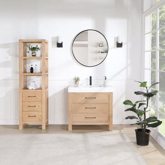 León 36in. Free-standing Single Bathroom Vanity in Fir Wood Brown with Composite top in Lightning White