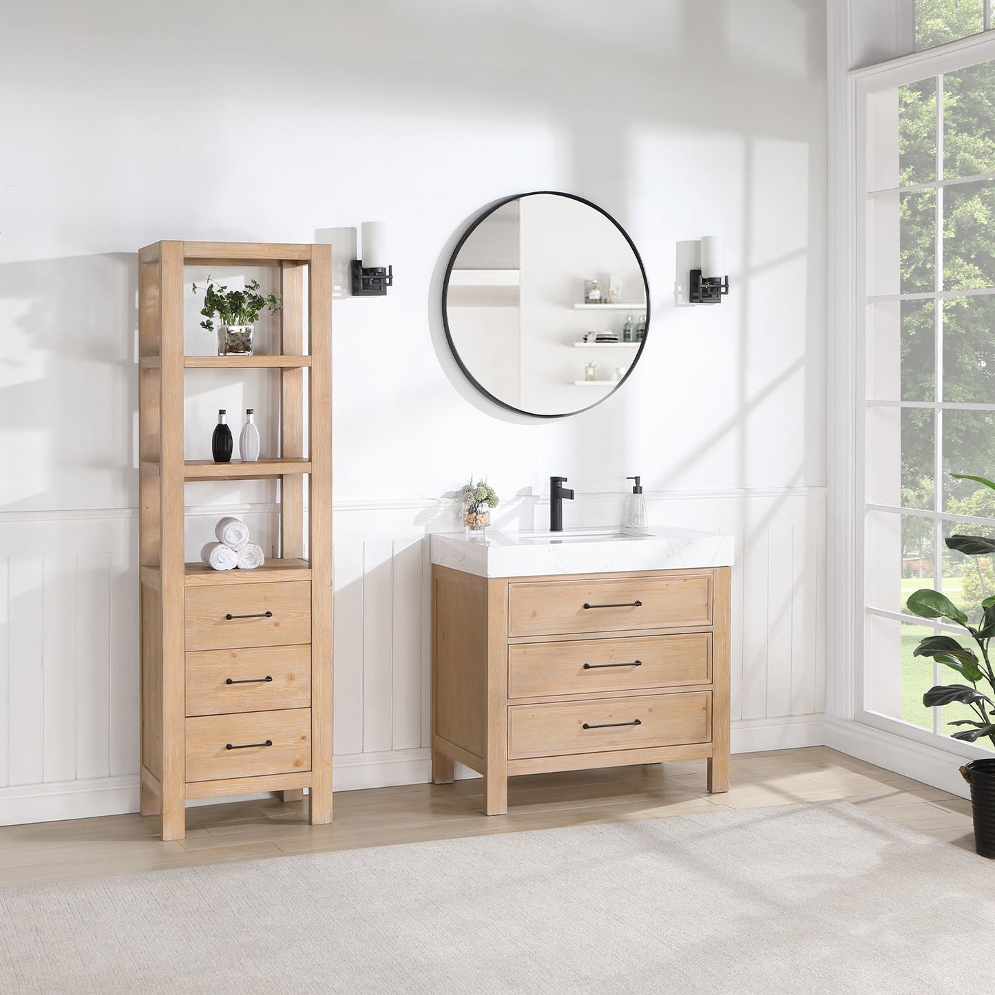 León 36in. Free-standing Single Bathroom Vanity in Fir Wood Brown with Composite top in Lightning White