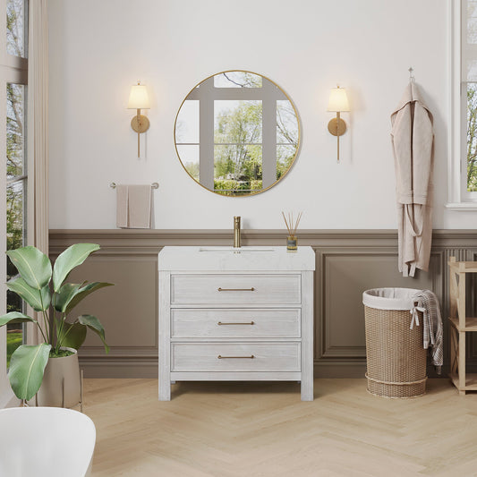 León 36in. Free-standing Single Bathroom Vanity in Washed White with Composite top in Lightning White