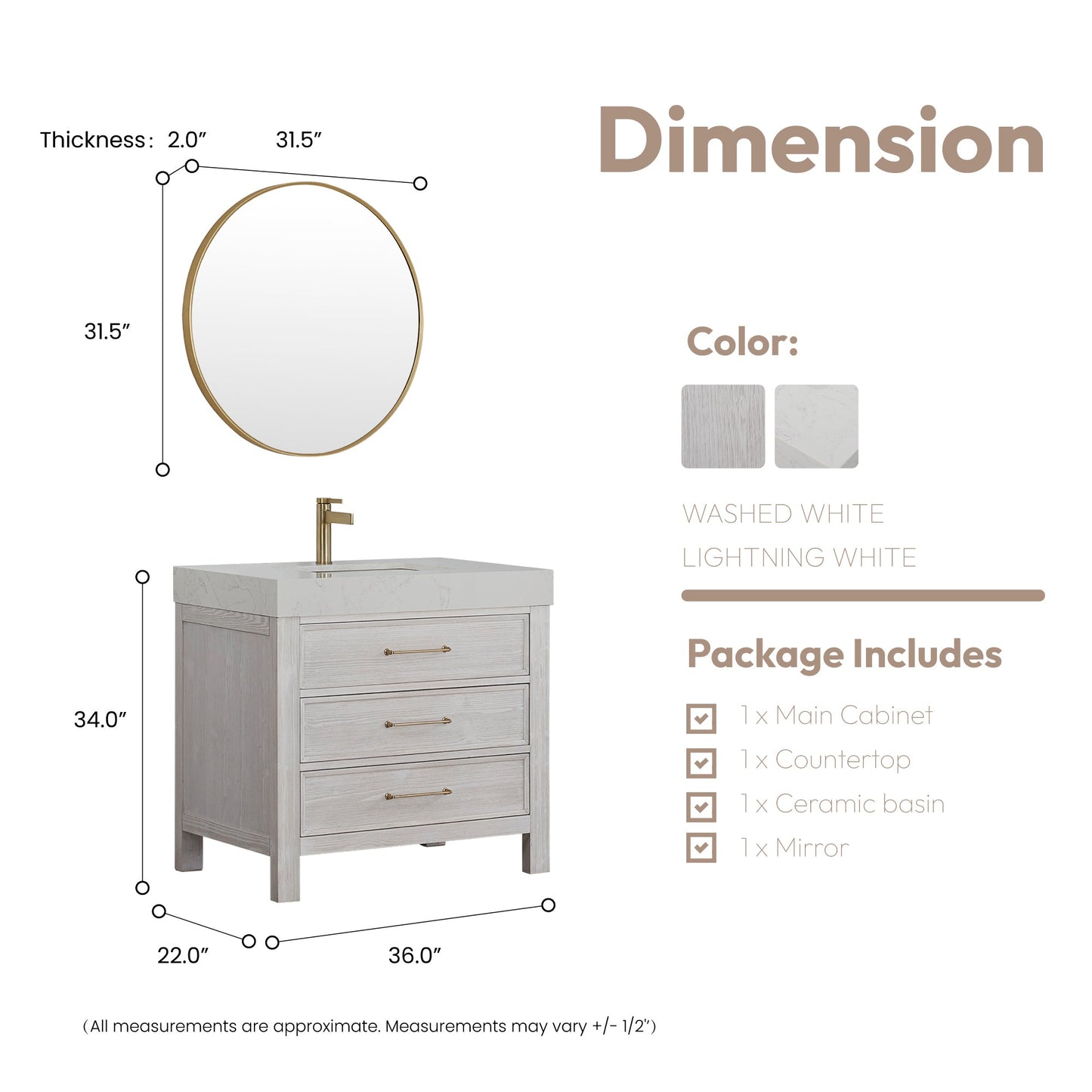 León 36in. Free-standing Single Bathroom Vanity in Washed White with Composite top in Lightning White