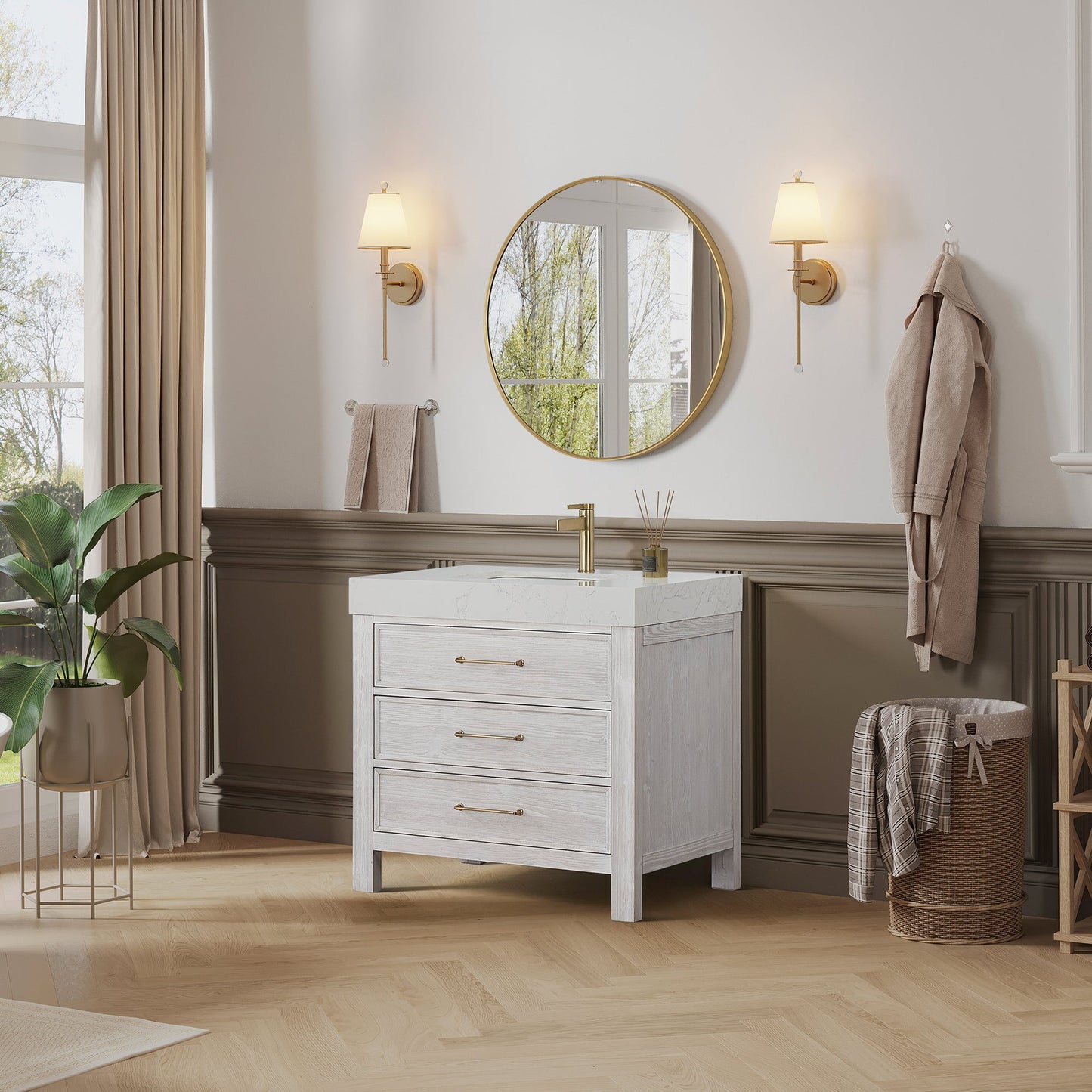 León 36in. Free-standing Single Bathroom Vanity in Washed White with Composite top in Lightning White