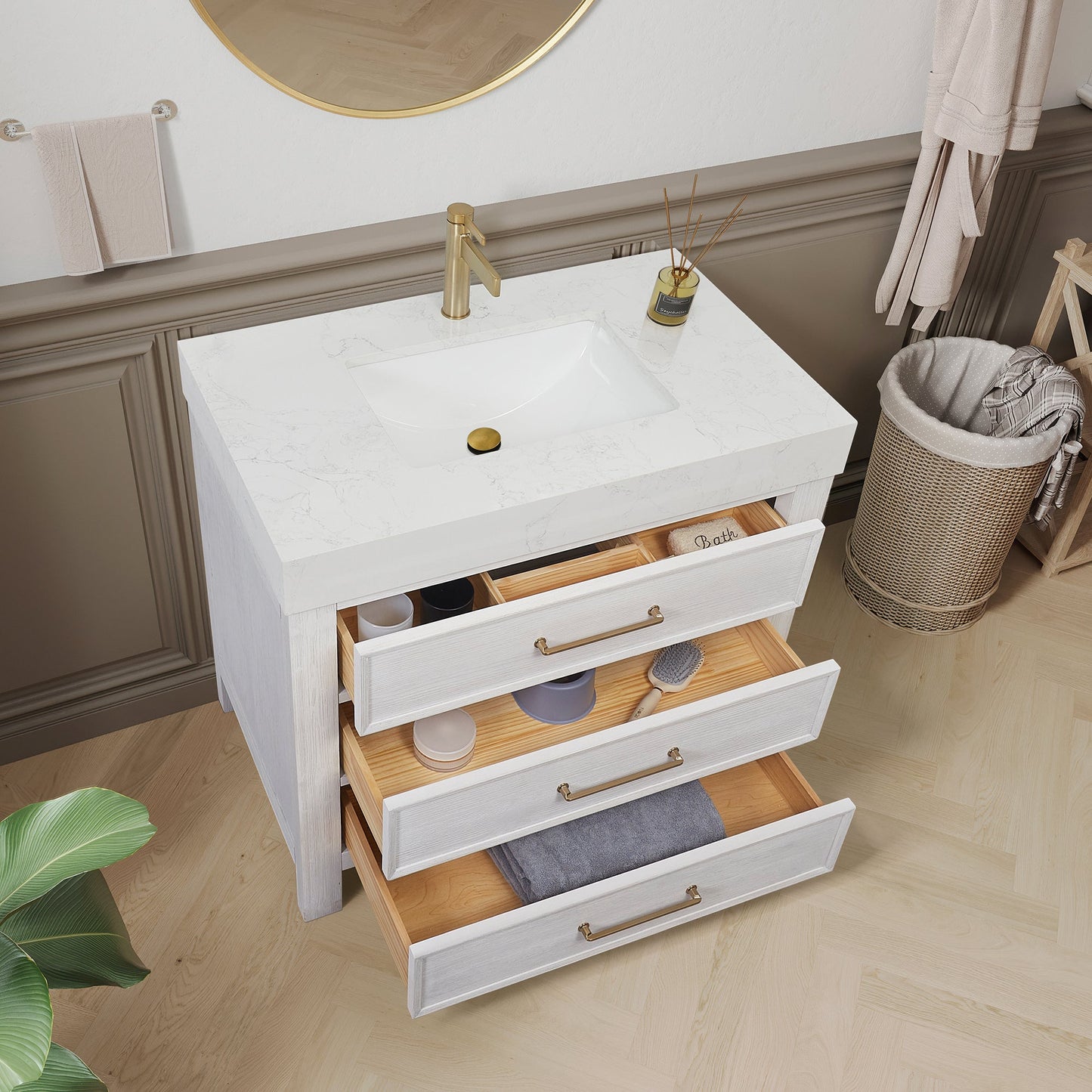 León 36in. Free-standing Single Bathroom Vanity in Washed White with Composite top in Lightning White