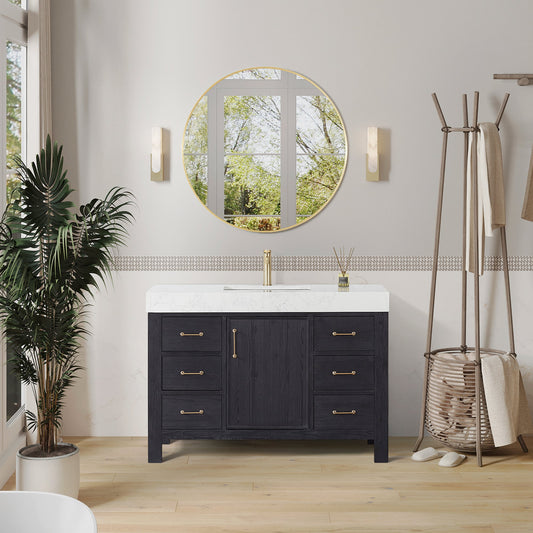 León 48in. Free-standing Single Bathroom Vanity in Fir Wood Black with Composite top in Lightning White