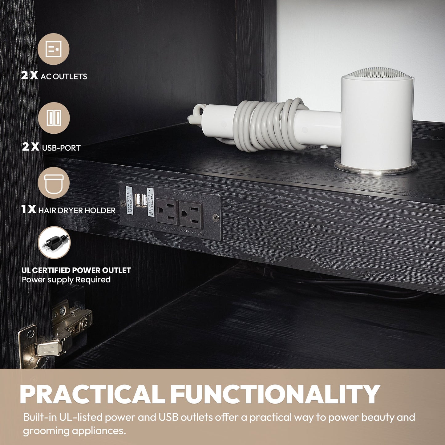 León 48in. Free-standing Single Bathroom Vanity in Fir Wood Black with Composite top in Lightning White