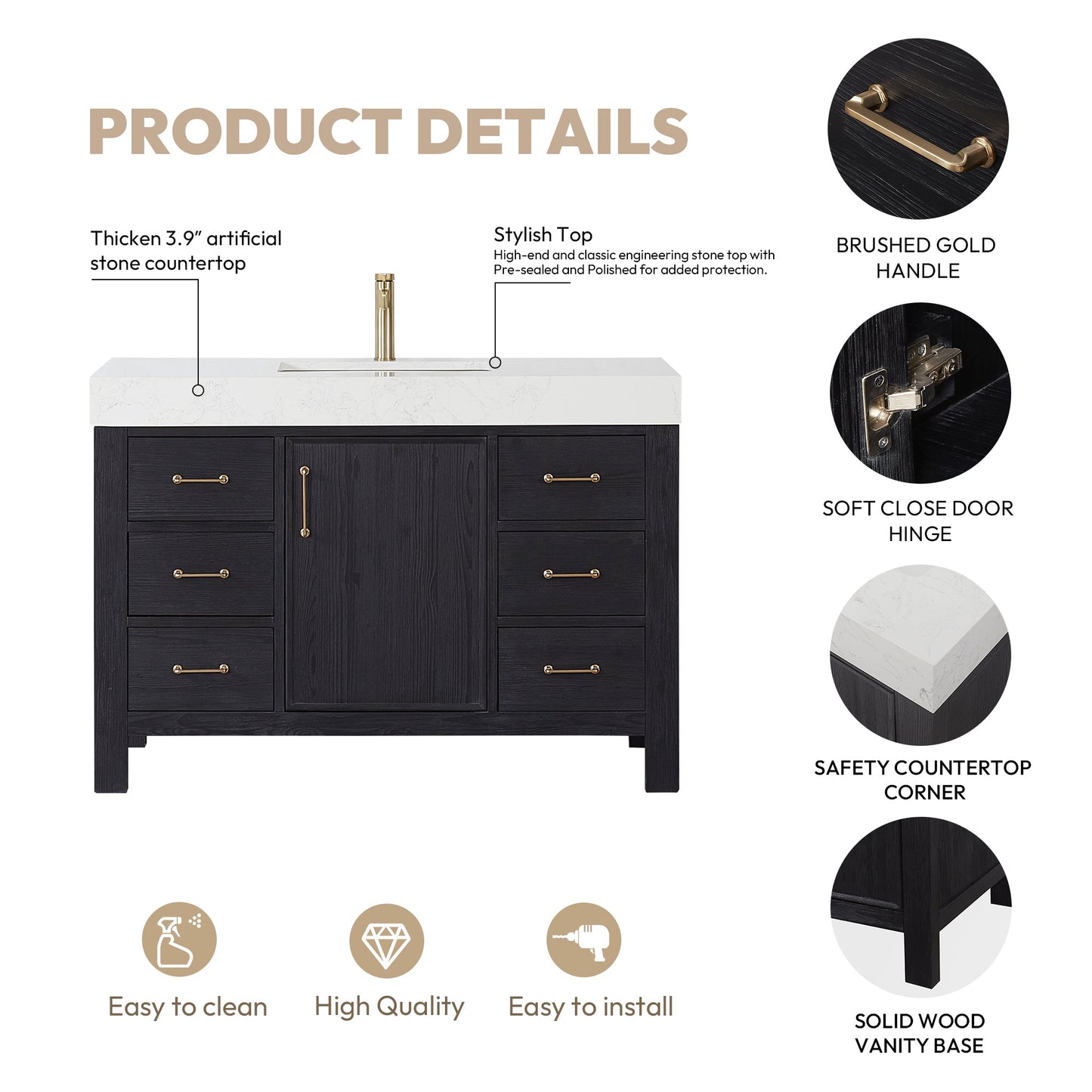 León 48in. Free-standing Single Bathroom Vanity in Fir Wood Black with Composite top in Lightning White