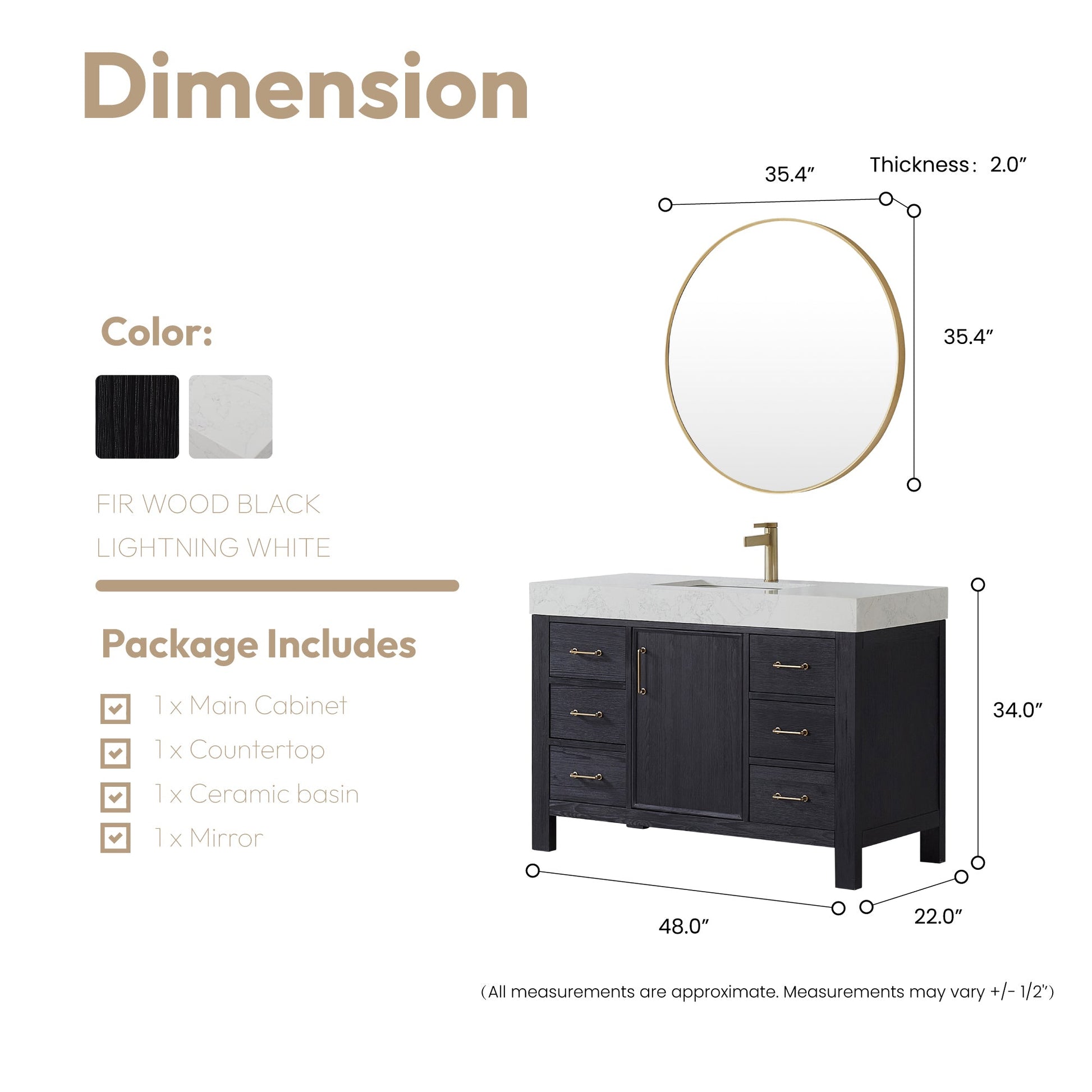 León 48in. Free-standing Single Bathroom Vanity in Fir Wood Black with Composite top in Lightning White