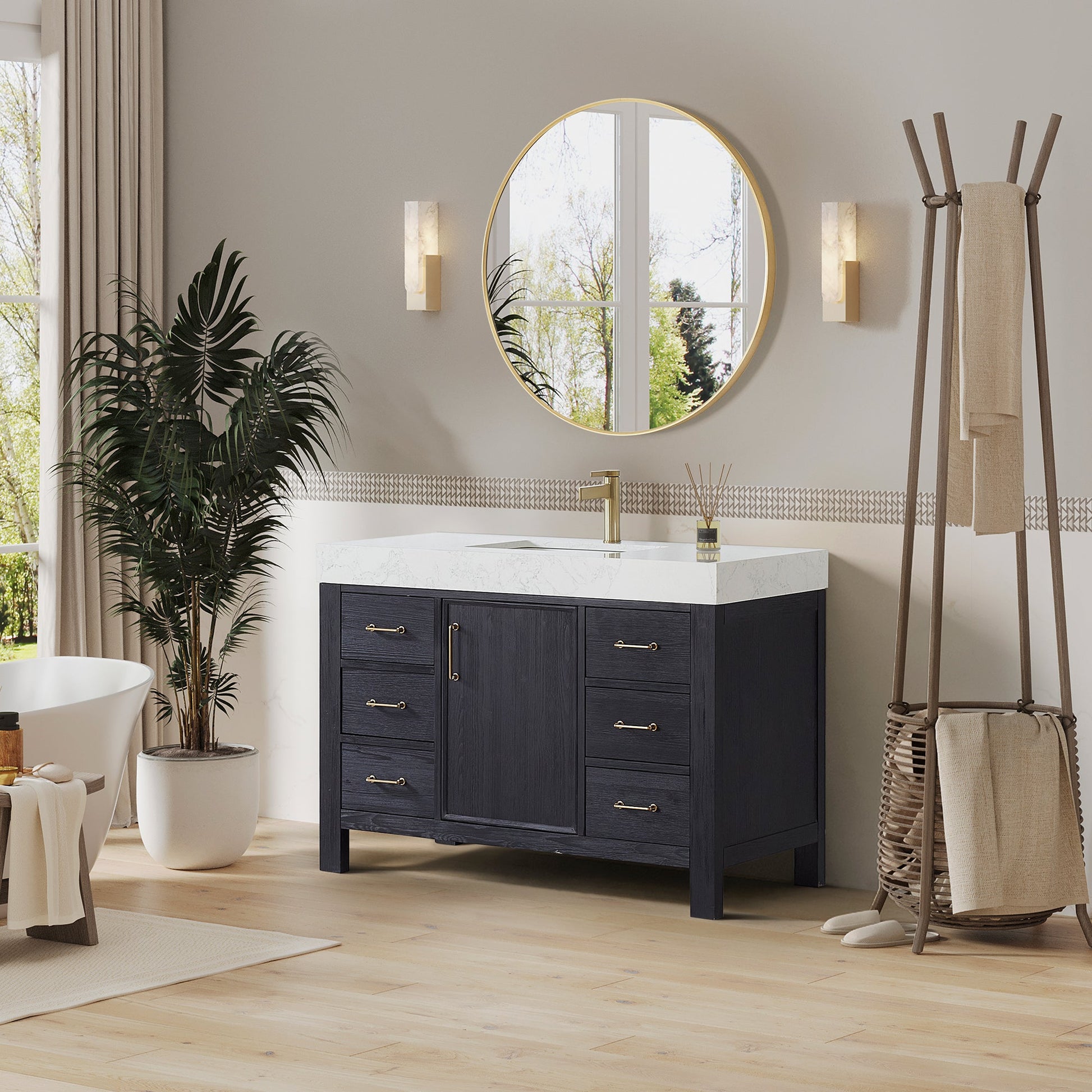 León 48in. Free-standing Single Bathroom Vanity in Fir Wood Black with Composite top in Lightning White