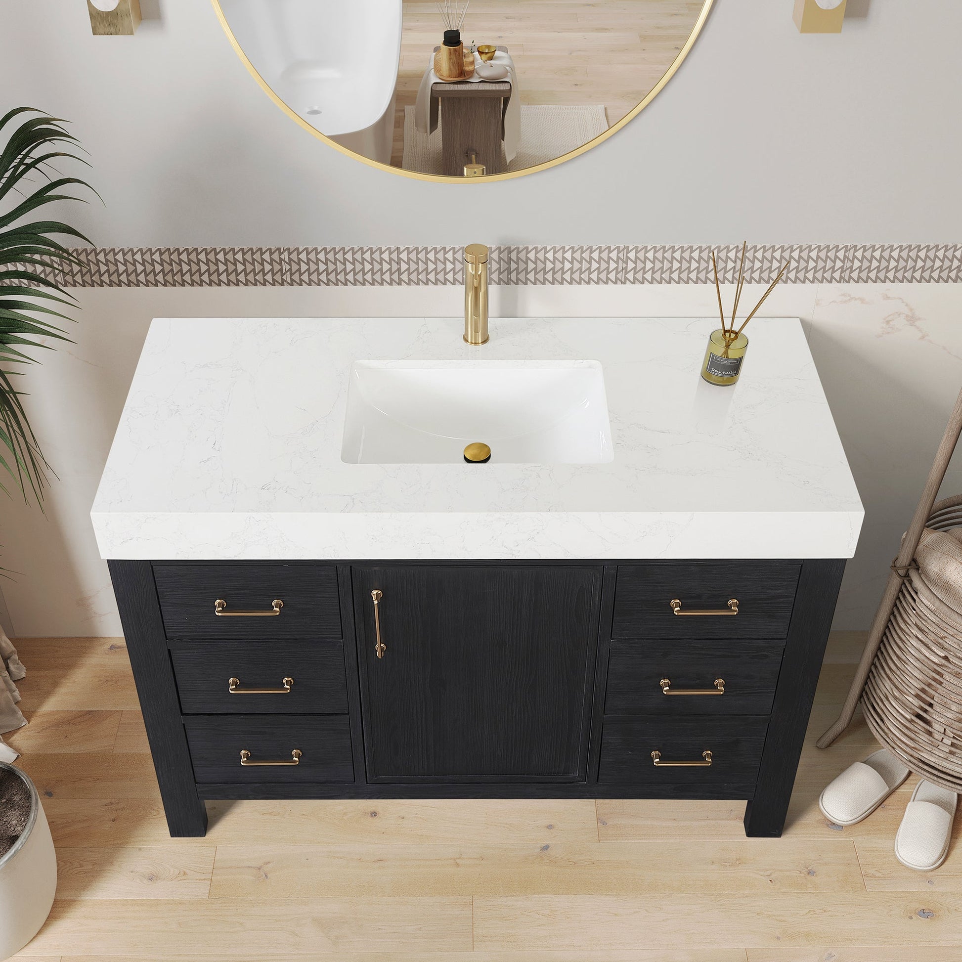 León 48in. Free-standing Single Bathroom Vanity in Fir Wood Black with Composite top in Lightning White