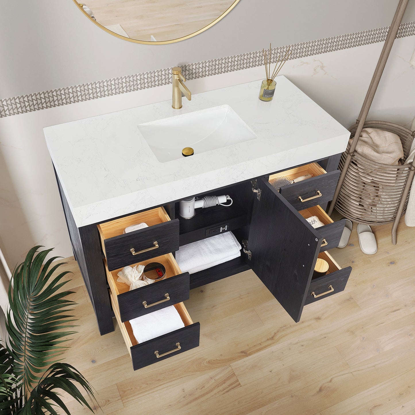 León 48in. Free-standing Single Bathroom Vanity in Fir Wood Black with Composite top in Lightning White