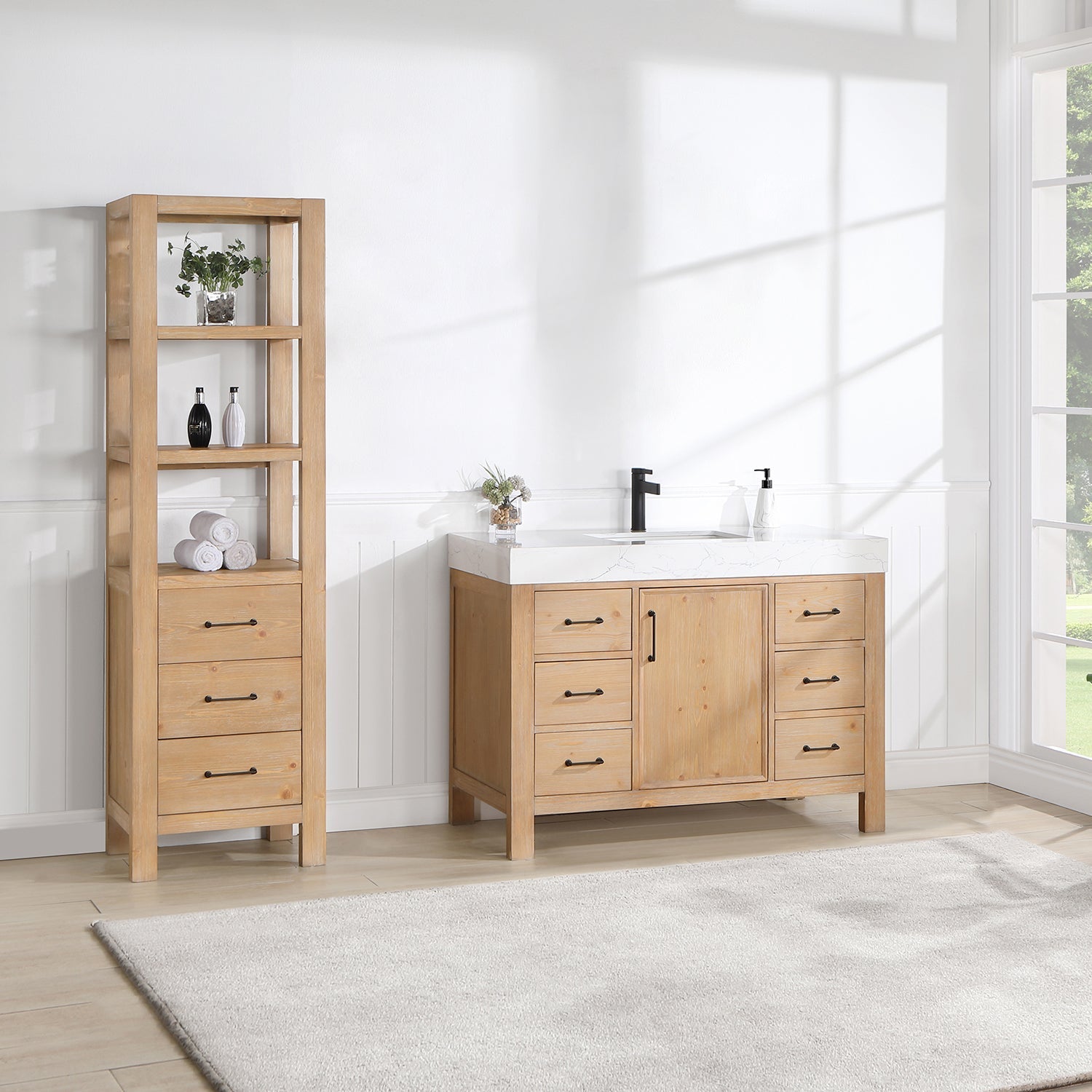 León 48in. Free-standing Single Bathroom Vanity in Fir Wood Brown with Composite top in Lightning White