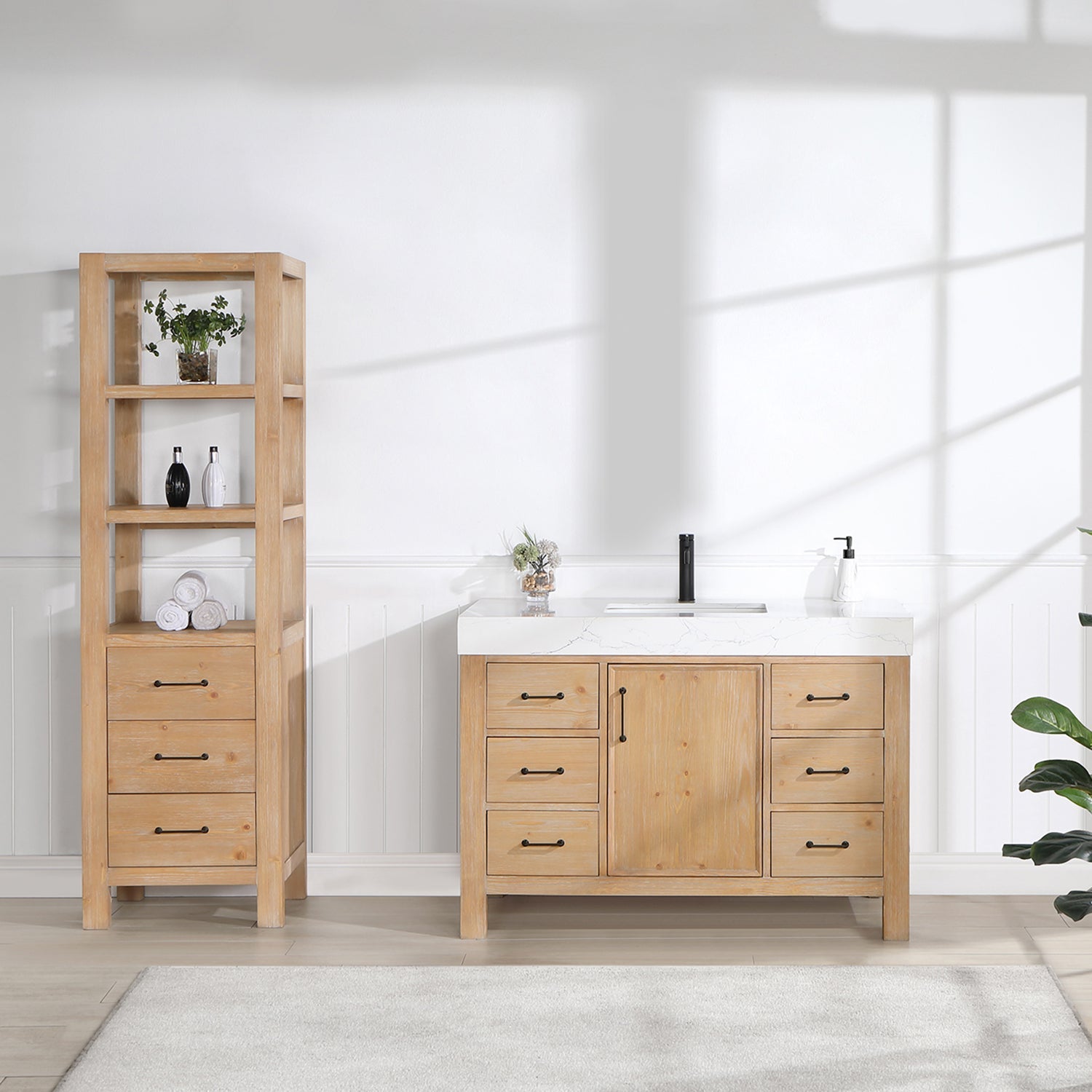León 48in. Free-standing Single Bathroom Vanity in Fir Wood Brown with Composite top in Lightning White