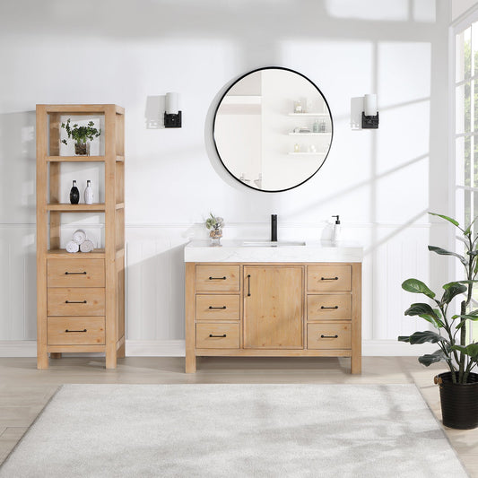 León 48in. Free-standing Single Bathroom Vanity in Fir Wood Brown with Composite top in Lightning White