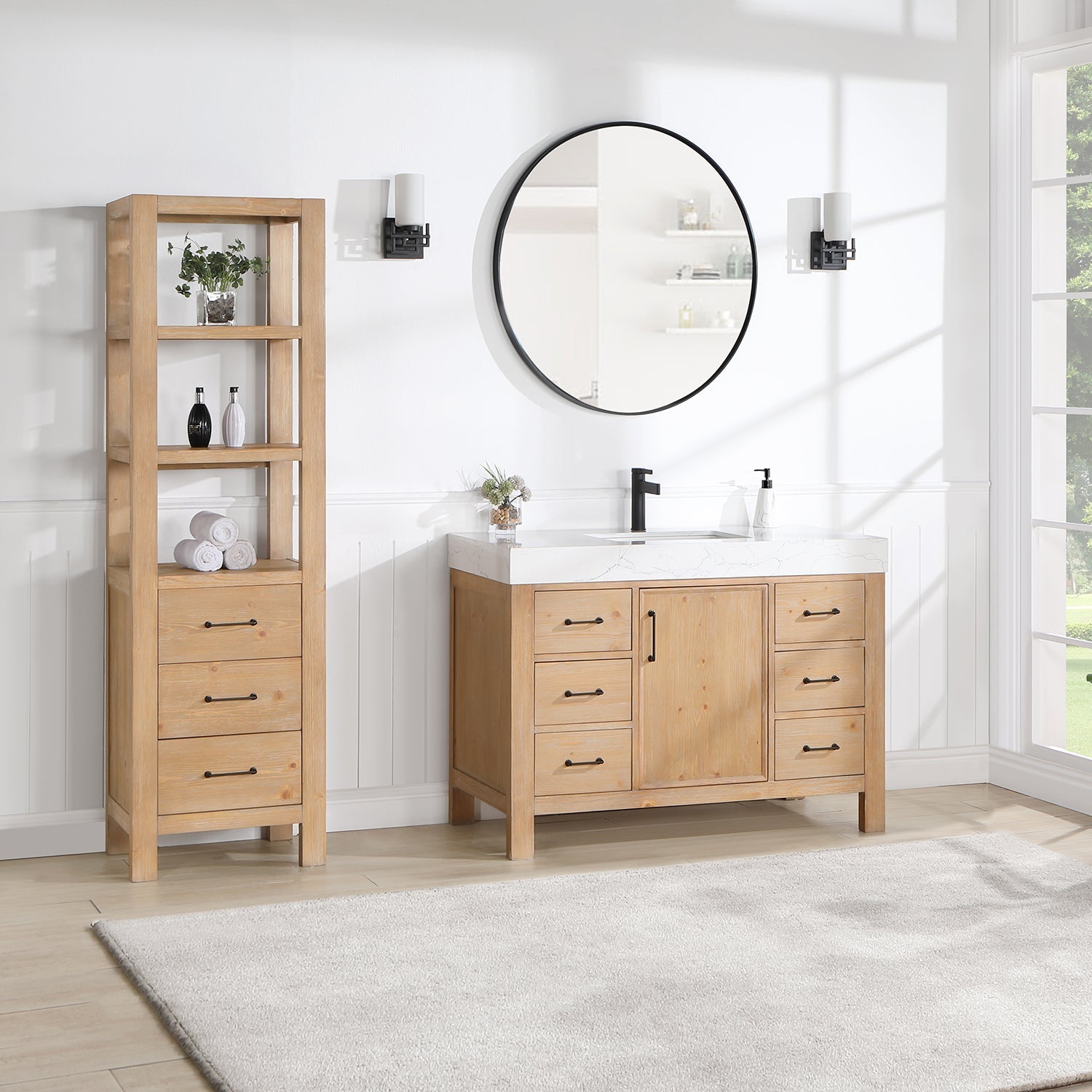 León 48in. Free-standing Single Bathroom Vanity in Fir Wood Brown with Composite top in Lightning White
