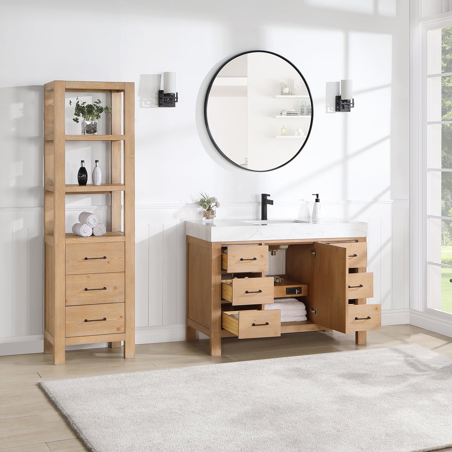 León 48in. Free-standing Single Bathroom Vanity in Fir Wood Brown with Composite top in Lightning White