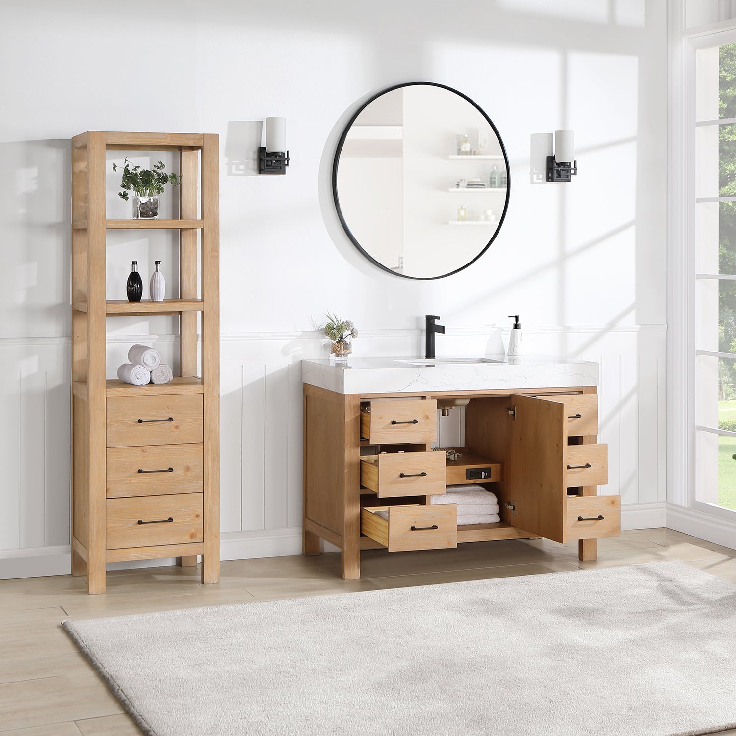León 48in. Free-standing Single Bathroom Vanity in Fir Wood Brown with Composite top in Lightning White