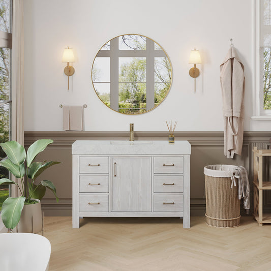 León 48in. Free-standing Single Bathroom Vanity in Washed White with Composite top in Lightning White