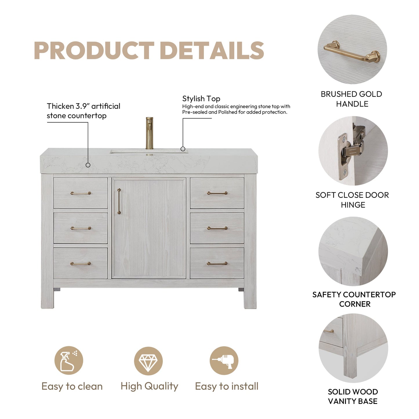 León 48in. Free-standing Single Bathroom Vanity in Washed White with Composite top in Lightning White