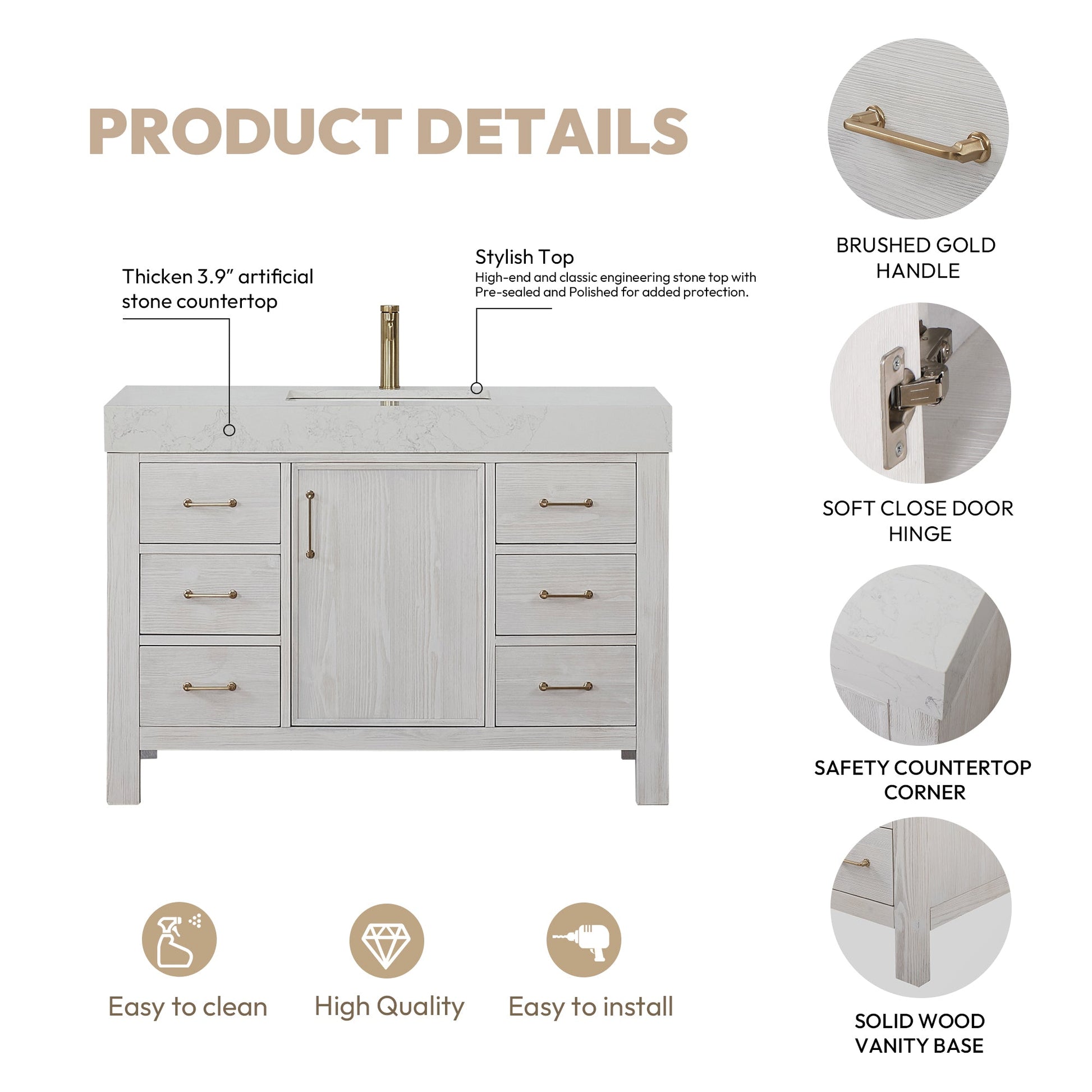 León 48in. Free-standing Single Bathroom Vanity in Washed White with Composite top in Lightning White