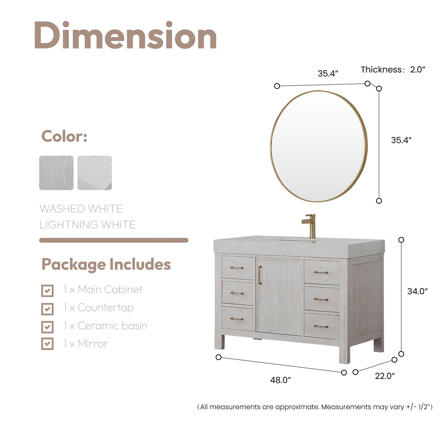 León 48in. Free-standing Single Bathroom Vanity in Washed White with Composite top in Lightning White