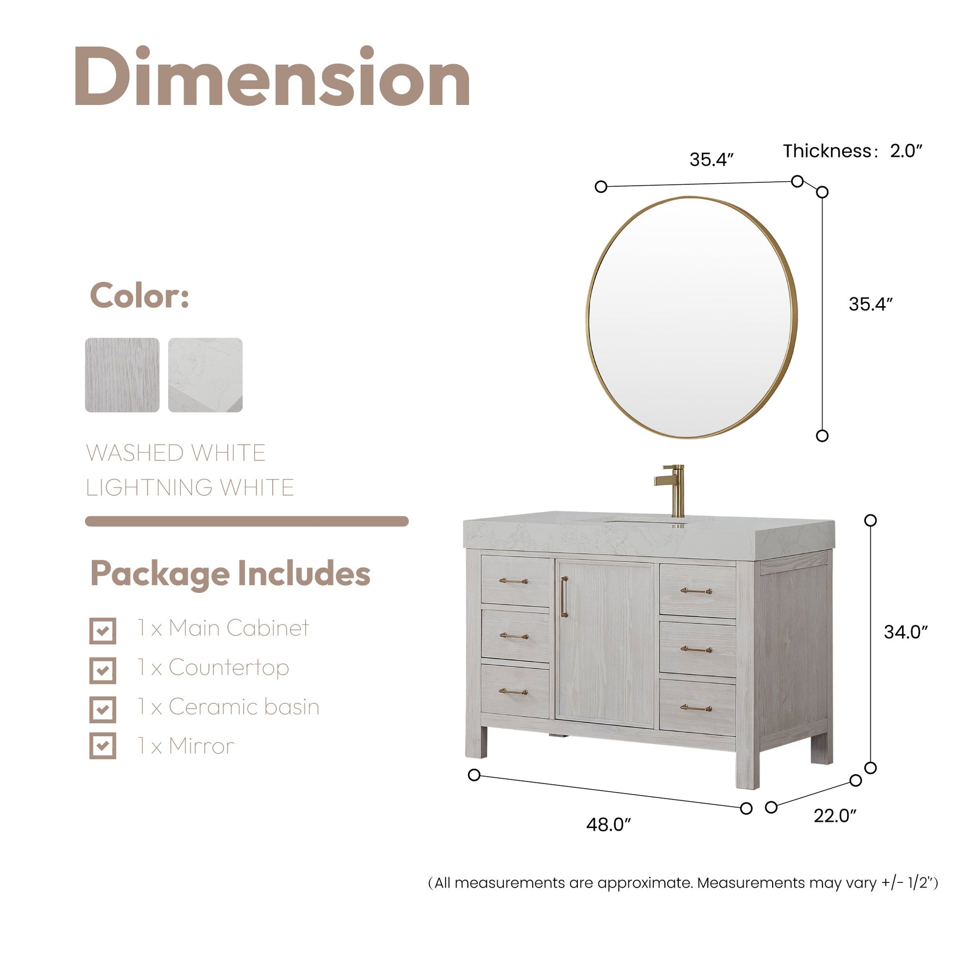 León 48in. Free-standing Single Bathroom Vanity in Washed White with Composite top in Lightning White