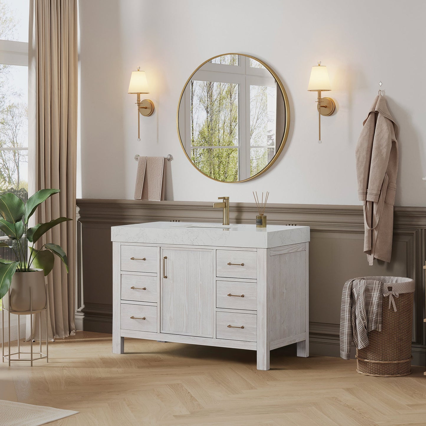 León 48in. Free-standing Single Bathroom Vanity in Washed White with Composite top in Lightning White