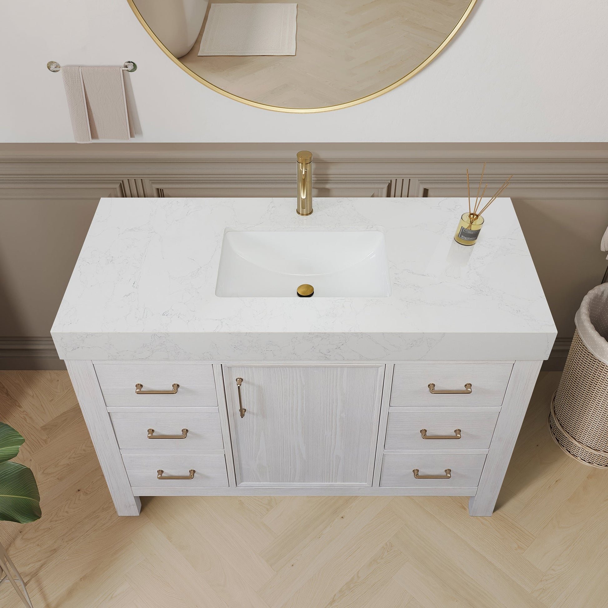 León 48in. Free-standing Single Bathroom Vanity in Washed White with Composite top in Lightning White