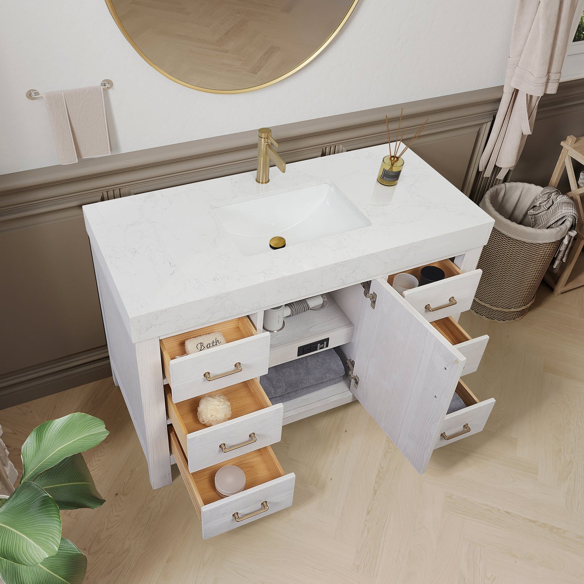 León 48in. Free-standing Single Bathroom Vanity in Washed White with Composite top in Lightning White